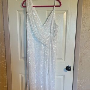 White Sequin V-Neck Prom Dress